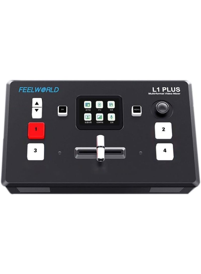 فيل وورلد جهاز مزج وتحويل فيديو متعدد الكاميرات FEELWORLD L1 Plus مزود بشاشة لمس، يدعم التسجيل عبر USB 2.0، والتحكم بكاميرات PTZ، والبث السريع عبر USB 3.0، مع شاشة لمس TFT مقاس 2 بوصة، وميزة التحويل باستخدام ذراع T-BAR. - Image 1